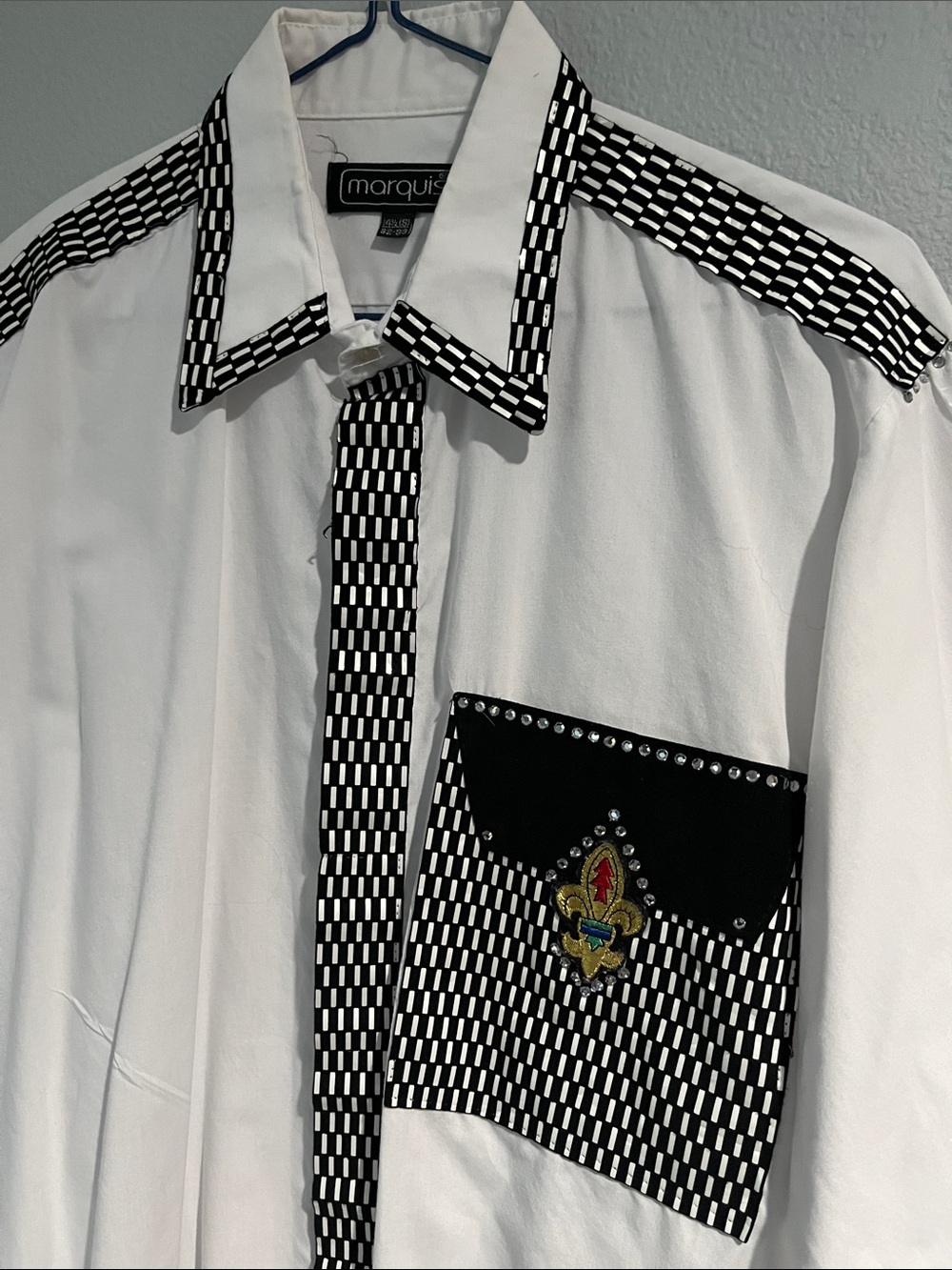 Marquis White Button-Down Shirt with Black Pattern Trim and Embroidered Crest